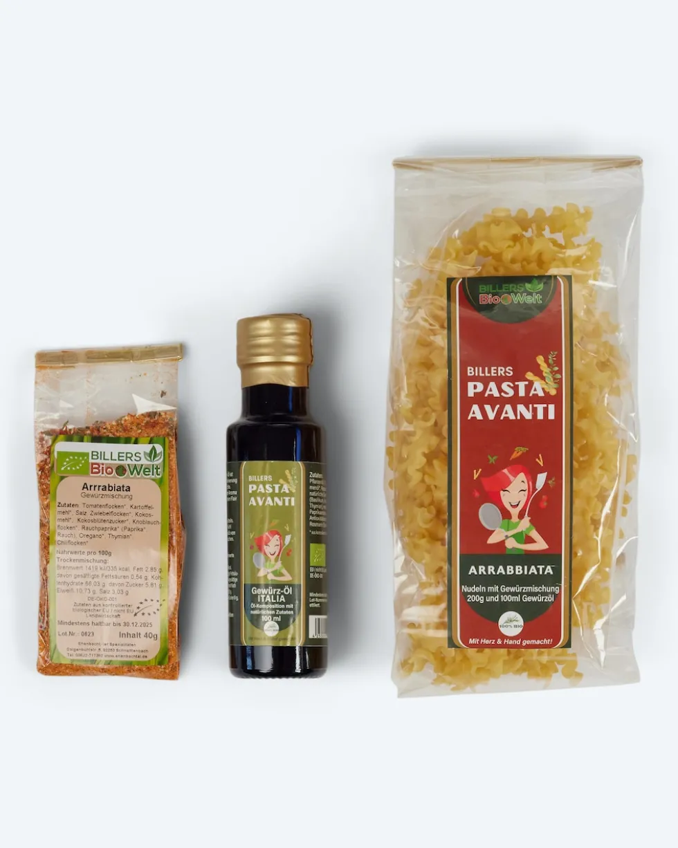 Bio-Nudeln mit Gewürzmischung & Gewürzöl