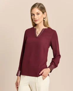 Chiffon-Bluse mit Lederimitat
