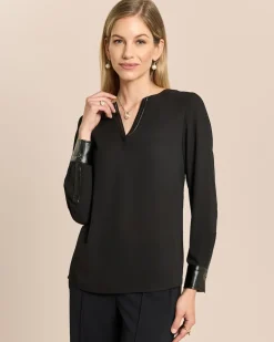 Chiffon-Bluse mit Lederimitat