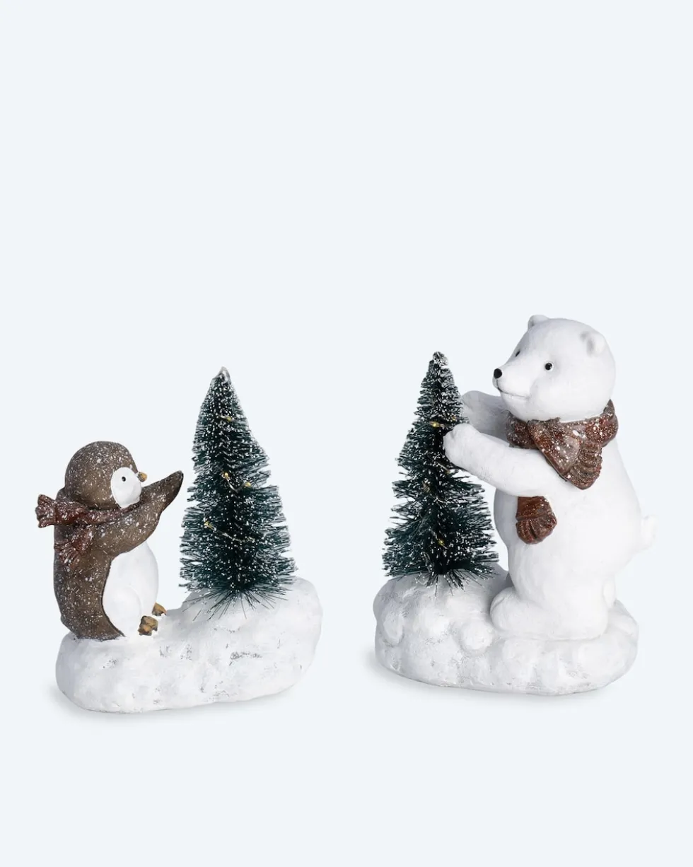 Dekofiguren "Pinguin und Eisbär mit LED-Baum", 2tlg.