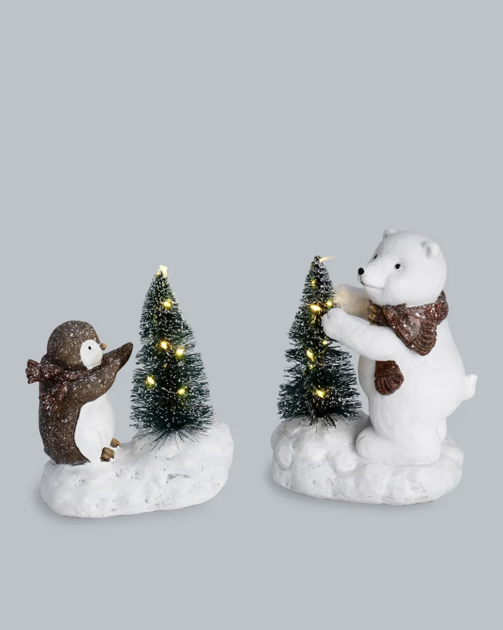 Dekofiguren "Pinguin und Eisbär mit LED-Baum", 2tlg.