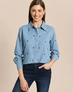 Denim Bluse mit Herzstickerei