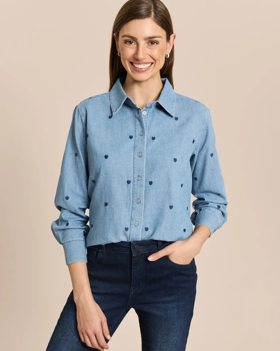 Denim Bluse mit Herzstickerei