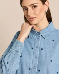 Denim Bluse mit Herzstickerei