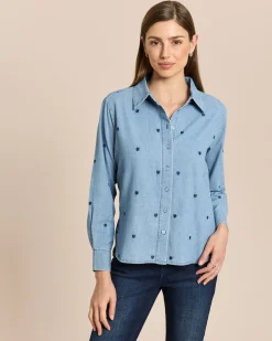 Denim Bluse mit Herzstickerei