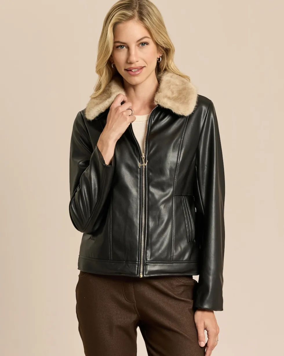 Jacke aus Lederimitat mit Webpelzkragen