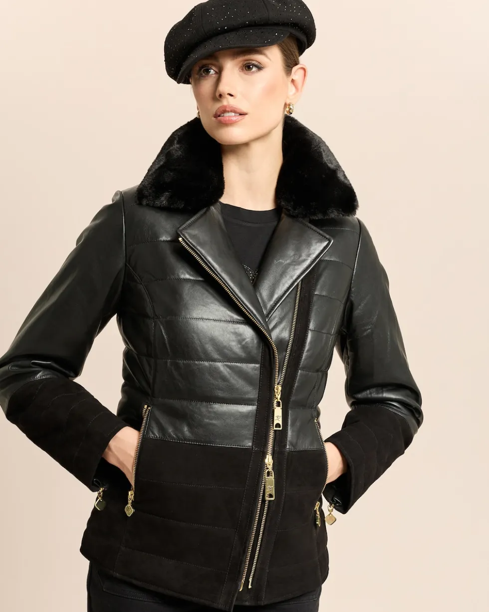 Lederjacke mit Webpelzkragen