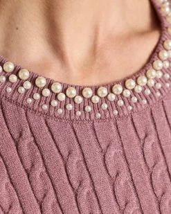 Pullover mit Zopfmuster und Perlendeko