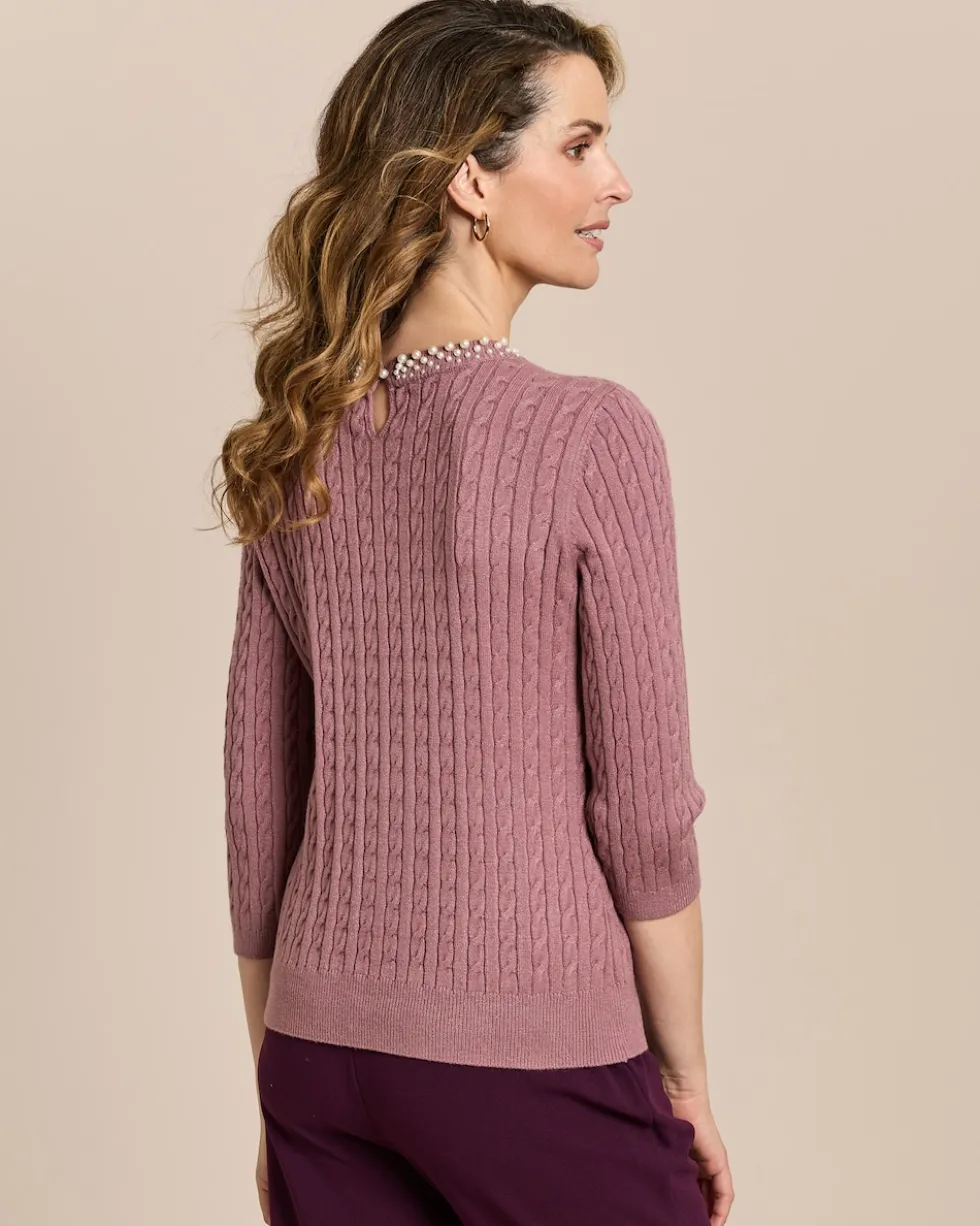 Pullover mit Zopfmuster und Perlendeko