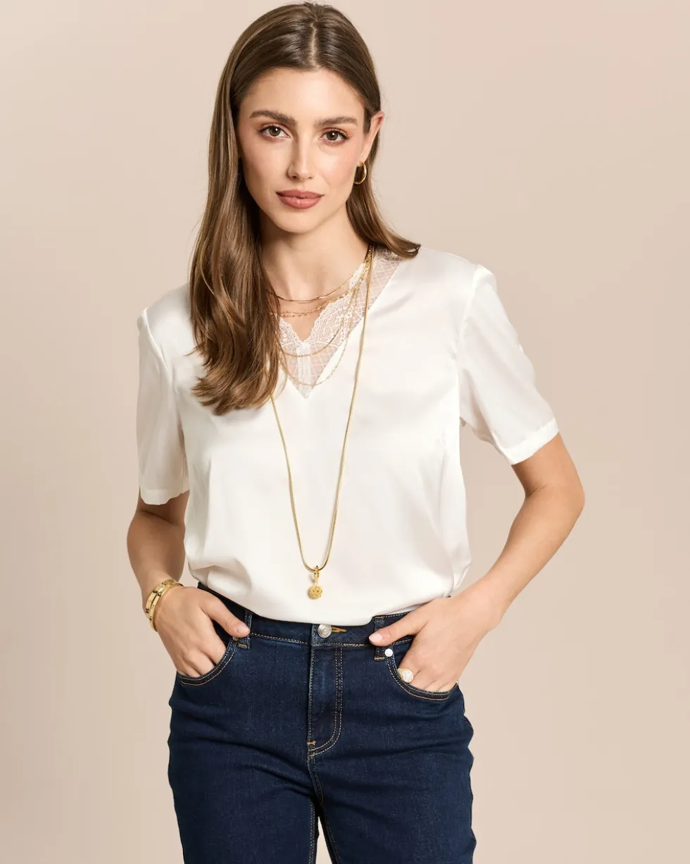 Satin-Bluse mit Spitzeneinsatz
