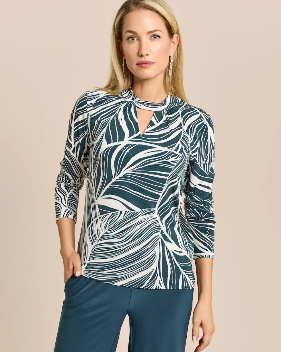 Shirt mit Blätterdruck und Stehkragen