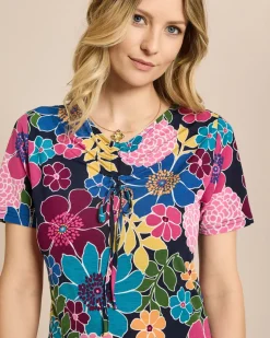 Shirt mit Raffung am Ausschnitt und Blumendruck
