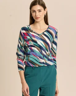 Shirt mit Schräg-Wellen-Druck und V-Ausschnitt