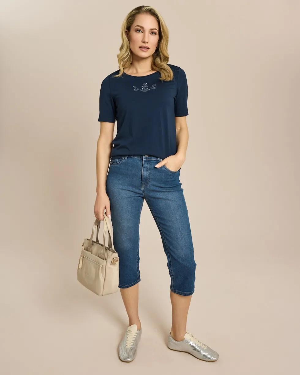 Shirt mit Stickereien und Strassapplikationen