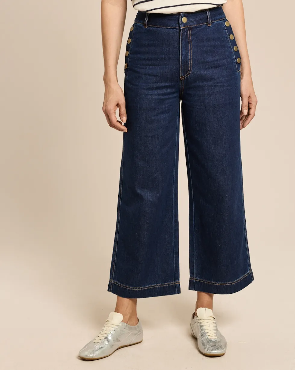 Wide Leg Denim verkürzt mit Goldknöpfen